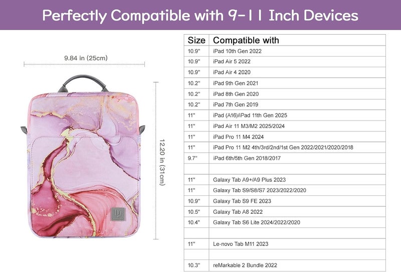 Dadanism 9-11 Inch Tablet Sleeve Bag Carrying Case with Shoulder Strap for iPad (A16) 11", iPad 10th Gen 10.9" Air 5/4, i-Pad Air/Pro 11", i-Pad 9/8/7th 10.2", Galaxy Tab A9+ Plus 11", Cloudy Pink - Image 2
